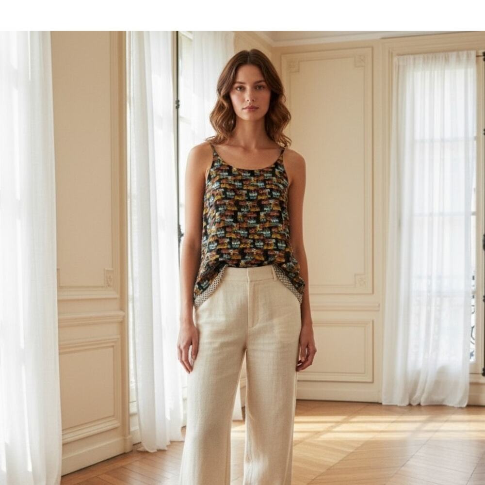 Porridge Brown Black Multi Luggage Print Layered Top Medium